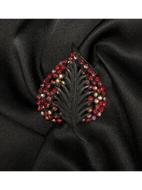 Vintage Karu Signed 1960s Red Rhinestone Leaf Brooch